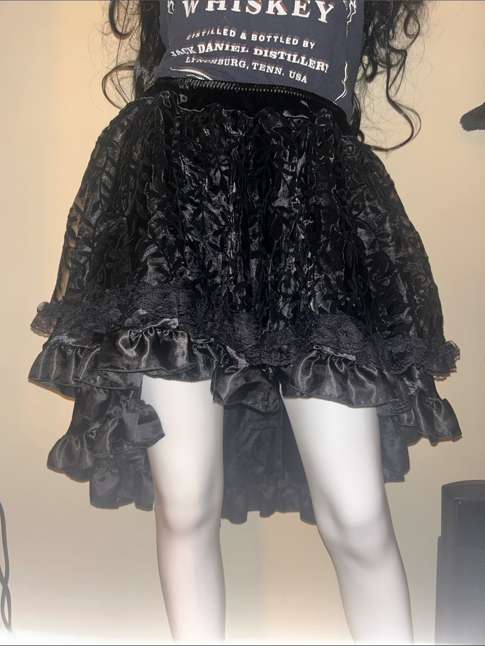 Black Ruffled Velvet High-Low Skirt